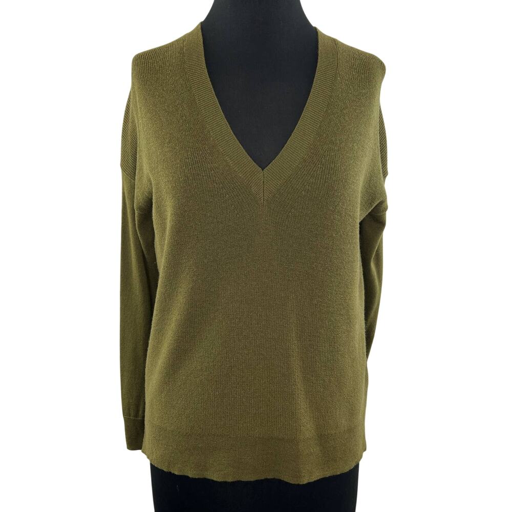 J Crew Merino Wool Blend Olive Green V-Neck Soft Sweater Long Sleeve Size XS